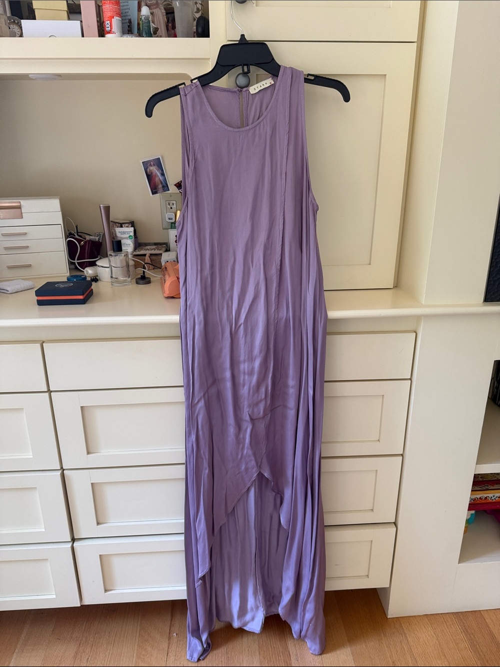 Sleeveless Lavender Maxi Dress with Draped Layered Hem